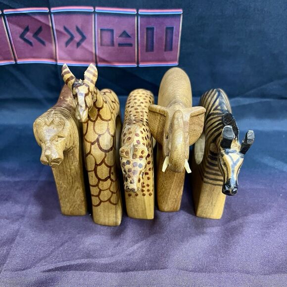 Vintage Hand Carved Wood African Safari Napkin Ring Holders 5pc - Picture 7 of 9
